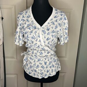Wild Moss Floral Wrap Top - Blue and White, small